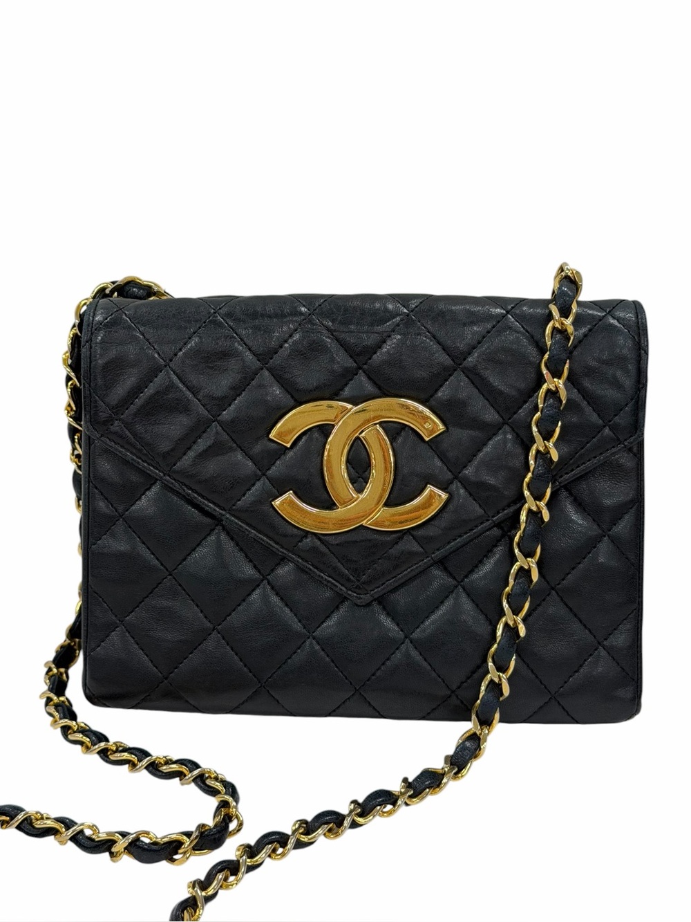Chanel Vintage Envelope Flap Bag Quilted Lambskin Black Leather Shoulder Bag